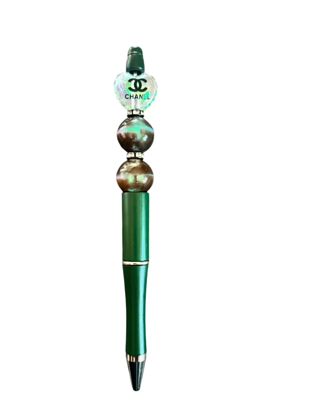 Fashion Green Beaded Heart Charm Pen Handmade by AB INKS HANDMADE EXPRESSIONS